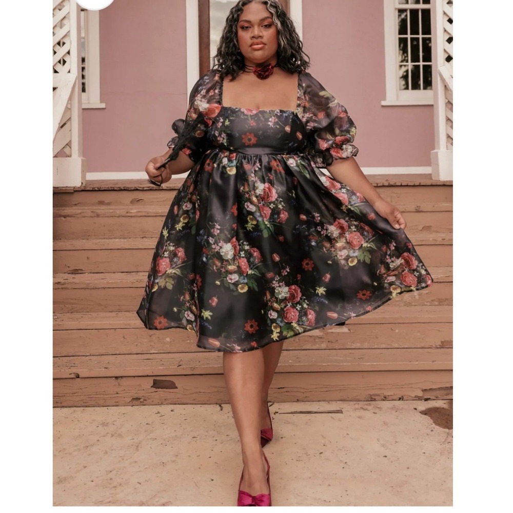 JESSKAE Floral Print Black Organza Puffy Sleeve‎ Polly Dress XX Large